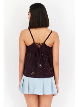 promod Women V Neck Sleeveless Textured Top, Maroon  - Image 2