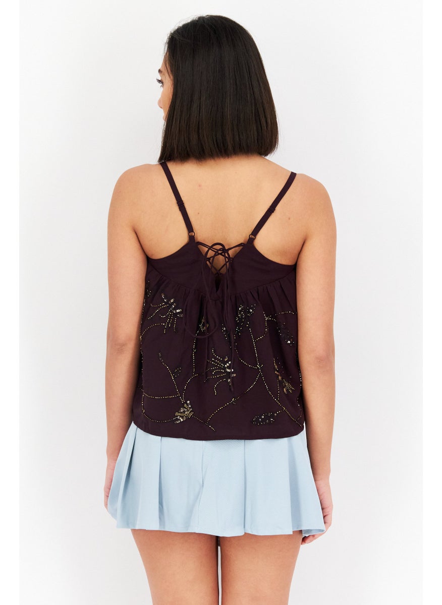 promod - Women V Neck Sleeveless Textured Top, Maroon - Image 1