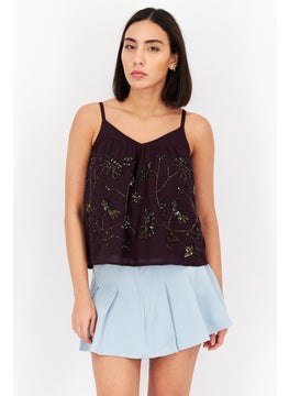Women V Neck Sleeveless Textured Top, Maroon