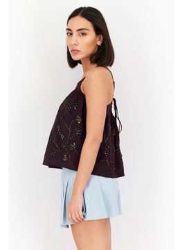 promod Women V Neck Sleeveless Textured Top, Maroon  - Image 4