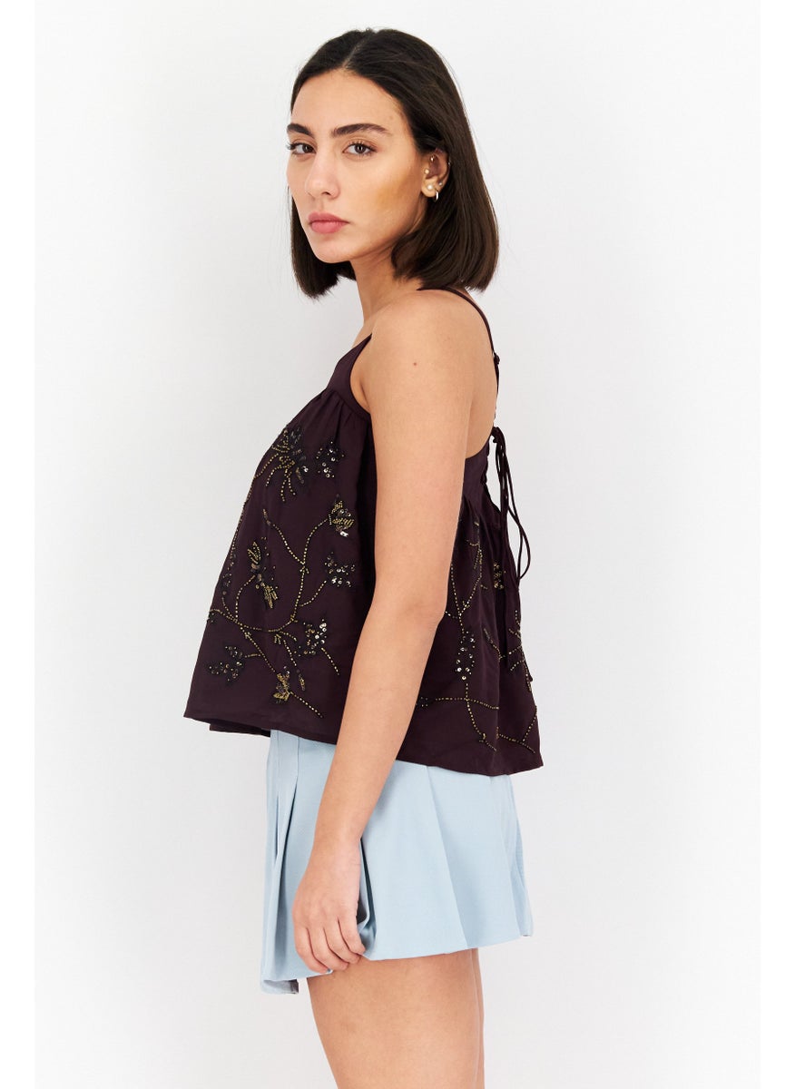 promod - Women V Neck Sleeveless Textured Top, Maroon - Image 1