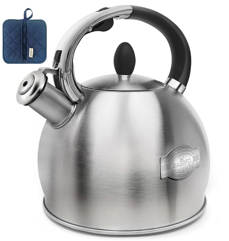 BAERFO Tea Kettle Stovetop, 2.64 Qt Whistling Tea Kettle, Premium 304 Food-Grade, Durable Rust-Resistant, Resounding Sound, Vintage Aesthetics, with Pot Holder (Brushed) - Image 1