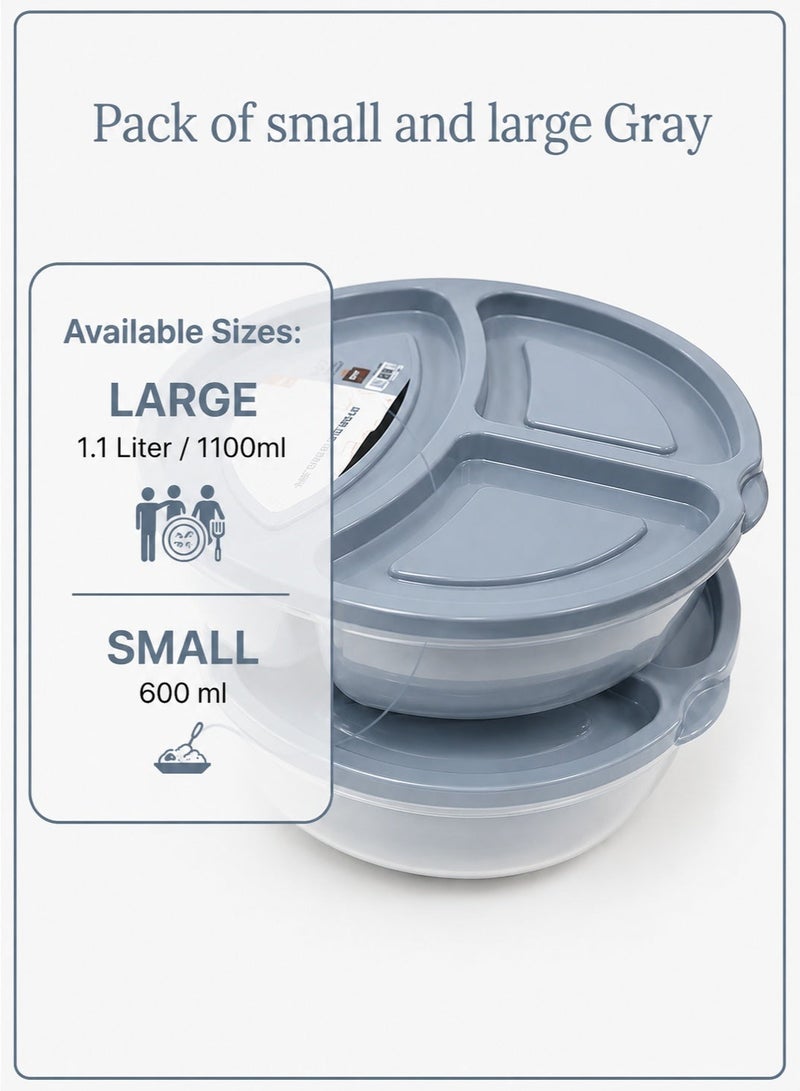 3-Compartment Food Storage Container Bundle with Lids – BPA-Free Meal Prep Lunch Boxes, Microwave, Freezer & Fridge Safe – 1.1L + 600ml, Durable Reusable Food Containers (Gray) - Image 1