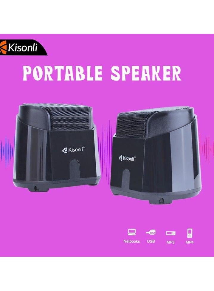 Kisonli USB Wired Portable Speaker Set Dual Speaker System with Volume Control Compatible with Laptop, Netbook, MP3, MP4 – Compact Desktop Sound Box, Black (2PCS) - Image 1