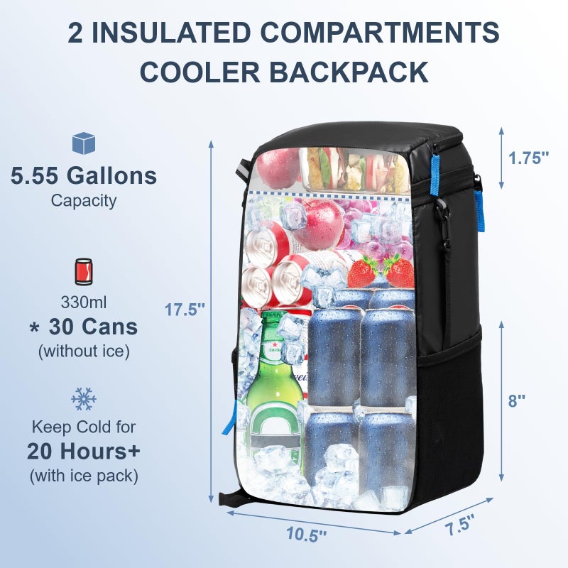 SPARTER Backpack Cooler Insulated Leak Proof 30 Cans, 2 Insulated Compartments Thermal Bag, Portable Lightweight Beach Travel Camping Lunch Backpack for Men and Women - Image 2