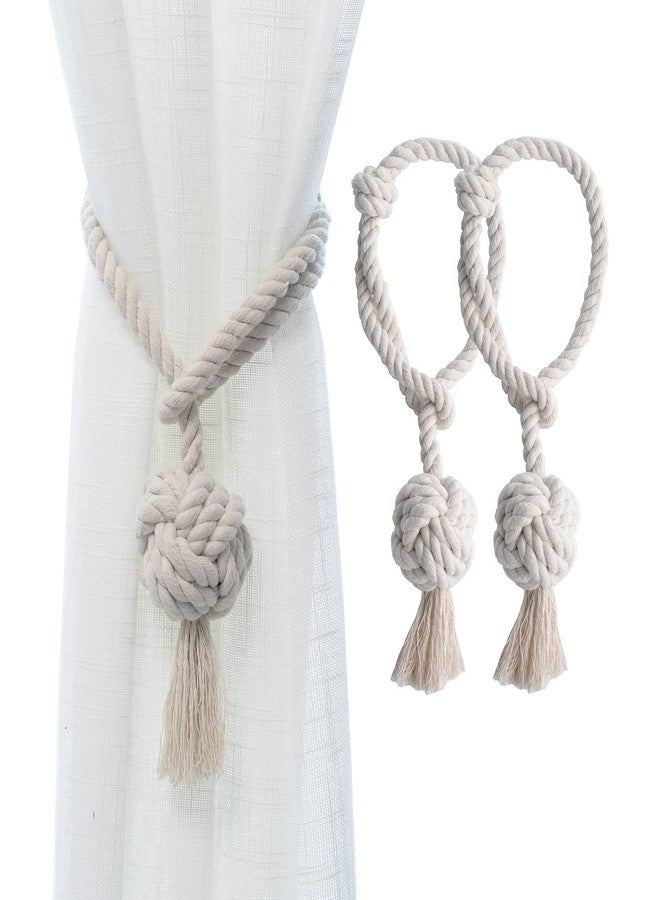JQWUPUP 2 Pack Rustic Curtain Tiebacks - Outdoor Curtain Drapery Holdbacks Holders - Decorative Hand Knitting Drape Cotton Tie Backs Rope for Sheer and Blackout Curtain (Set of 2, Beige) - Image 1
