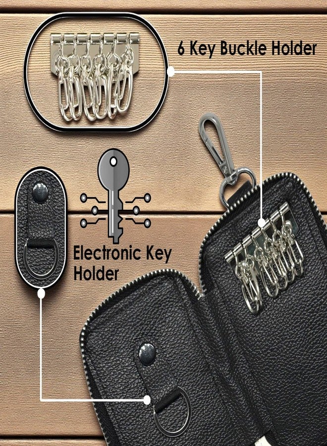 ZAOMA PU Leather Large Key Case Pouch Wallet Key Chain Key Holder Ring with 6 Key Hooks,1 IC Key Ring, Metal Buckle with Zipper Closure (7.5X2X12 CM) (KEYCASE_DUSBLK) - Image 3