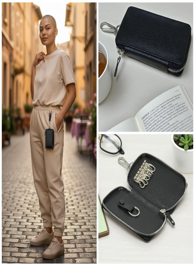 ZAOMA PU Leather Large Key Case Pouch Wallet Key Chain Key Holder Ring with 6 Key Hooks,1 IC Key Ring, Metal Buckle with Zipper Closure (7.5X2X12 CM) (KEYCASE_DUSBLK) - Image 5