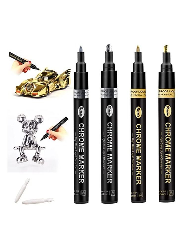 Acrylic Paint Pens, Liquid Mirror Chrome Marker, 4Pcs Reflective Gloss Metallic 1-3mm Permanent Art Pen for Model Metal Plastic Cars Repair Tire, Rocks Painting, Wood, Fabric, Glass - Image 1