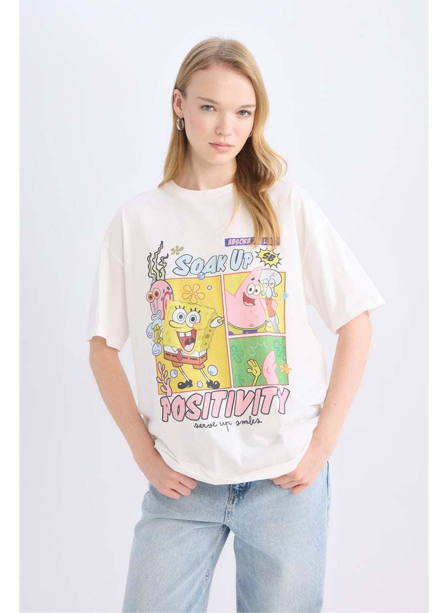 DeFacto Woman Oversize Fit SpongeBob Licensed Crew Neck Printed Short Sleeve T-Shirt  - Image 1