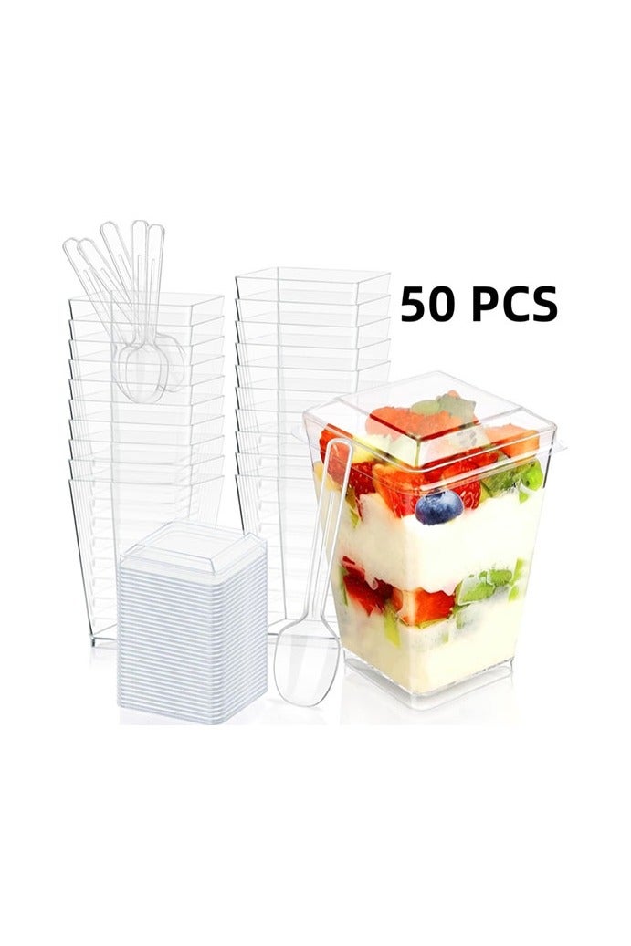 HOMESTAR 5 oz Mini Dessert Cups with Spoons and Lids - 50 Pack, Square, Clear Plastic Parfait Appetizer Cup Set, Multipurpose, Leak Proof, Lead-Free, Hand Wash, Insulated, Reusable for Party Desserts Appetizers - Image 1