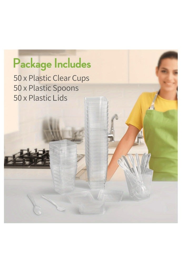 HOMESTAR 5 oz Mini Dessert Cups with Spoons and Lids - 50 Pack, Square, Clear Plastic Parfait Appetizer Cup Set, Multipurpose, Leak Proof, Lead-Free, Hand Wash, Insulated, Reusable for Party Desserts Appetizers - Image 2