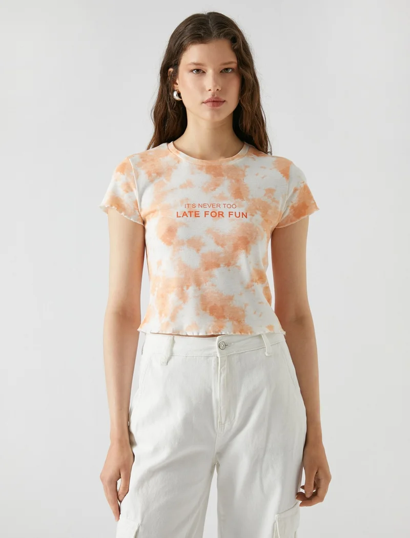KOTON Printed T-Shirt Batik Patterned Crew Neck Short Sleeve Cotton
