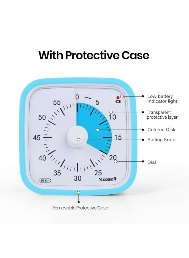 Yunbaoit Upgraded 60 Minute Visual Timer with Protective Case Silent Countdown Timer for Kids with Low Power Indicator Light (Blue Blue) - Image 4