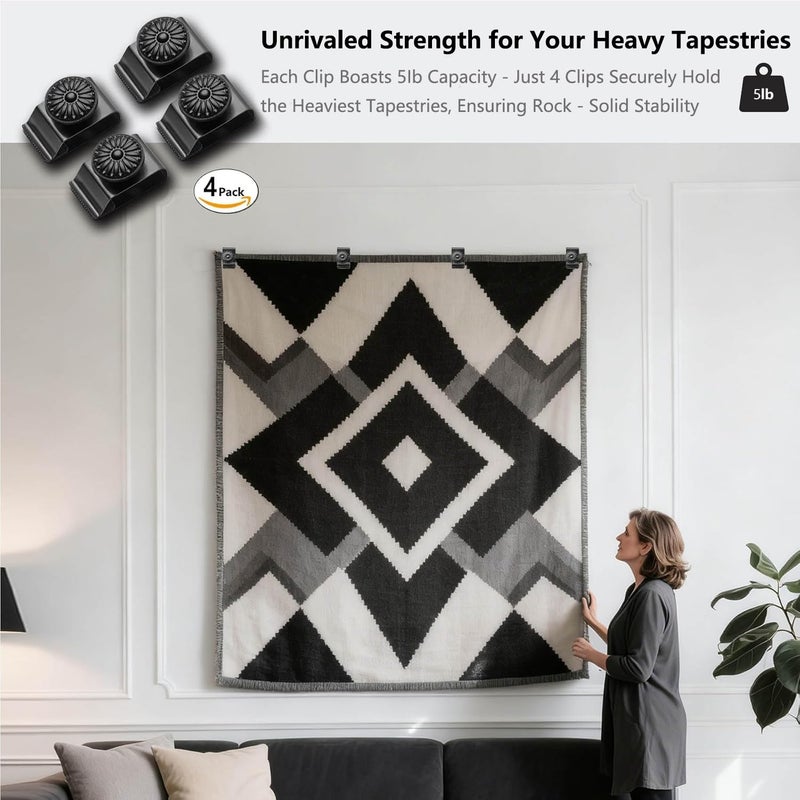 Doselves Tapestry Wall Hanging Clamps 4 Pack Textile Art Decoration Wall Hangers Durable Metal Clips for Hanging Rugs Carpet Wall Display (Black) - Image 5
