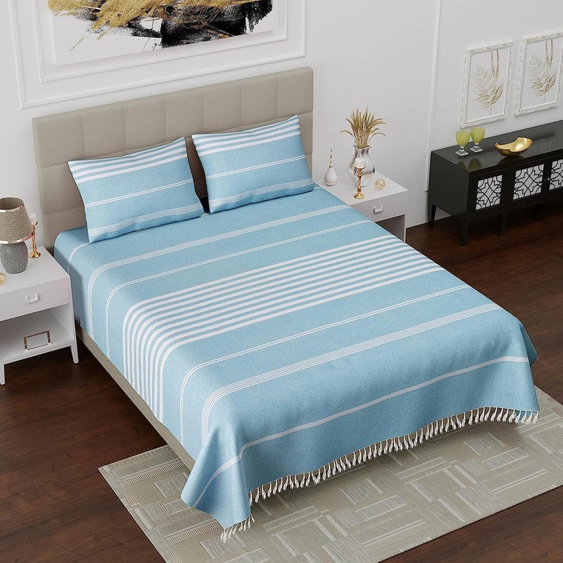 Vrde 210 TC Double Bedsheet with Pillow Cover 2 Handloom Cotton Bedsheets for Double Bed All Season Comfort Size 90X100 Inches 75 x 83 Feet Blue