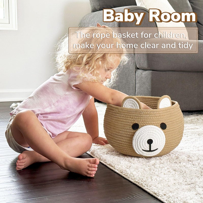 CherryNow Cotton Rope Baby Basket for Nursery, Bear Gift Baskets for Kids, Empty Baby Shower Basket with Handles, Small Cute Animal Baskets, Brown, 10.5"D x 8.5"H - Image 3