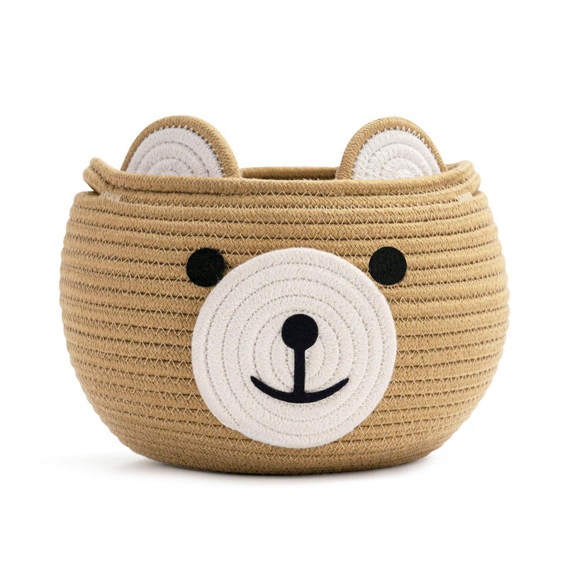 CherryNow Cotton Rope Baby Basket for Nursery, Bear Gift Baskets for Kids, Empty Baby Shower Basket with Handles, Small Cute Animal Baskets, Brown, 10.5"D x 8.5"H - Image 1