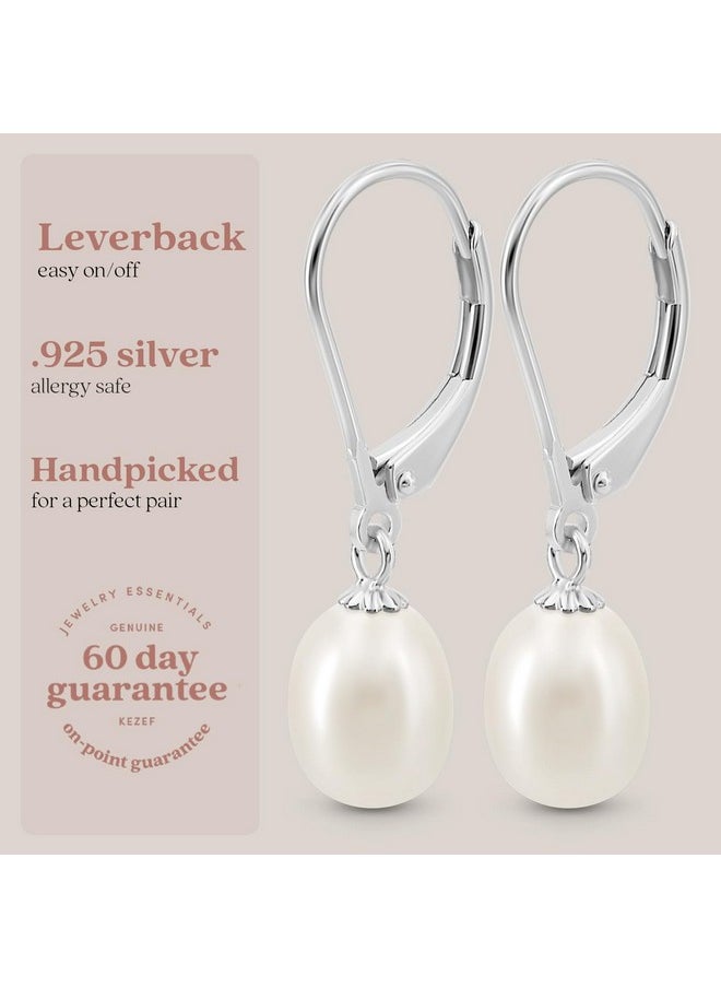 Kezef - Freshwater Cultured Pearl Drop Earrings, 14K White Gold Plated Sterling Silver, 7-8Mm Dangle Earrings For Women, Leverback, Hypoallergenic Pearl Earrings For Women, White Pearl Earrings - Image 1