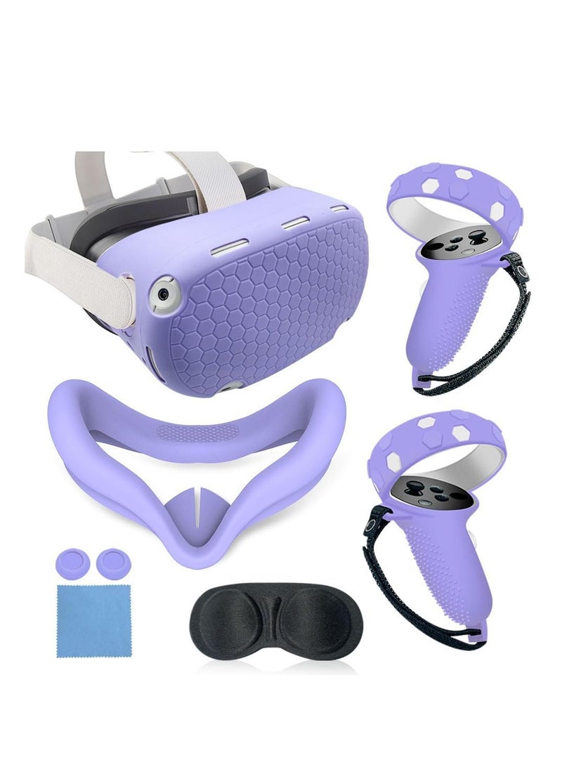VR Cover Accessories Set Compatible with Meta Quest 2, MLemonVR Silicone VR Shell, Controller Grips & Face Cover, Button Caps, Lens Cover + Glasses Cloth Set for Quest 2 (Purple, for Quest 2)  - Image 1