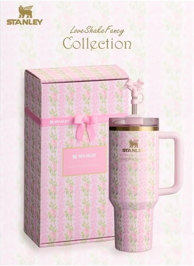 Stanley - Love Shack Fancy H2.0 Flow State 40oz  Cortex Tumbler, Stainless Steel Vacuum Insulated Quencher with Lid, Straw, and Stopper, Ideal for Water and Iced Tea, Keeps Drinks Cold, Presented in Elegant Gift-Ready Packaging PINK - Image 1