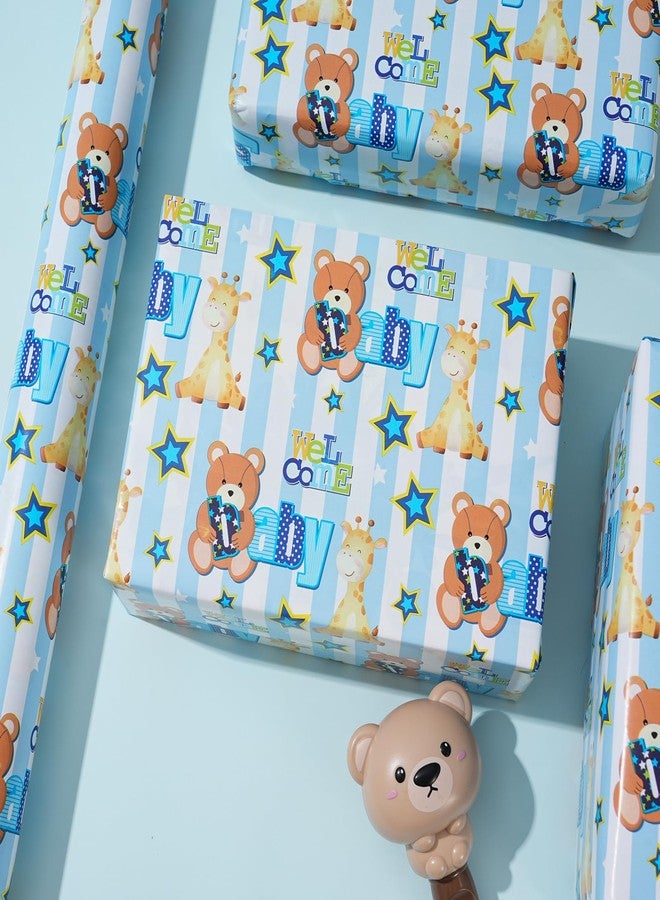 ZINTBIAL Baby Shower Wrapping Paper Roll - Blue Animal Heart Theme Newborn Gift Wrap Paper for Boy Baby Shower, Children's Christening, Birthday, New Mommy - 17.5 in x 16.5 ft，Cut Lines on Back - Image 4