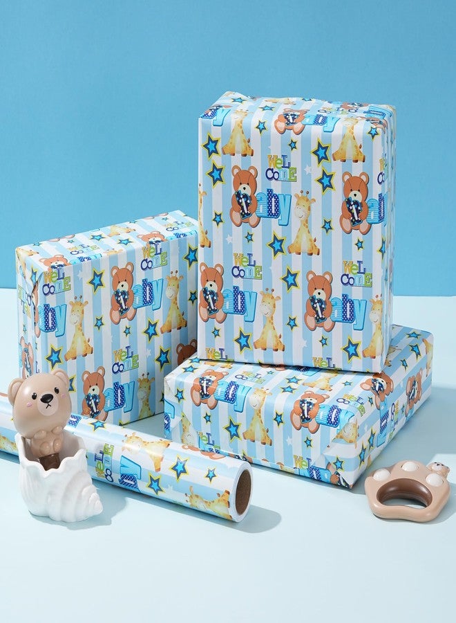 ZINTBIAL Baby Shower Wrapping Paper Roll - Blue Animal Heart Theme Newborn Gift Wrap Paper for Boy Baby Shower, Children's Christening, Birthday, New Mommy - 17.5 in x 16.5 ft，Cut Lines on Back - Image 3