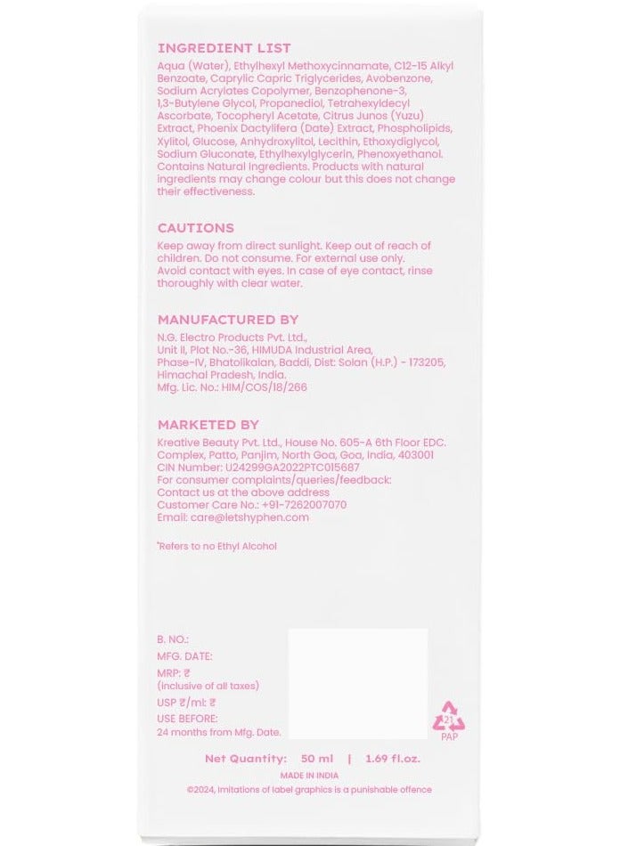 HYPHEN Vitamin Infused Brightening Sunscreen With SPF 50 PA++++ | 12hrs UVA-UVB & Blue Light Protection |Brightens Skin, Gives Matte Finish & No White Cast | Lightweight | For All Skin Types - 50ml - Image 2