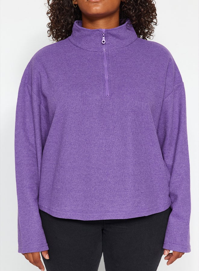 trendyol Purple Stand Collar Zippered Selanik Thin Knitted Sweatshirt - Image 3