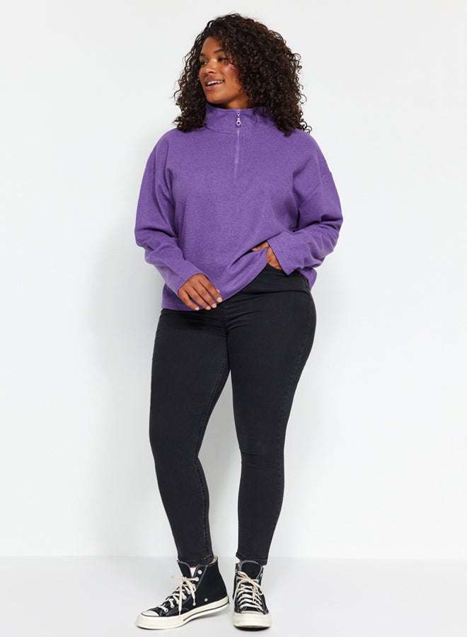 trendyol Purple Stand Collar Zippered Selanik Thin Knitted Sweatshirt - Image 2