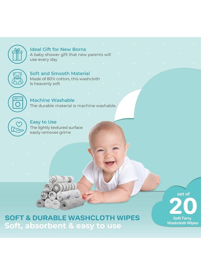 Spasilk Spasilk Washcloth Wipes Set for Newborn Boys and Girls, Soft Terry Washcloth Set, Pack of 20, Gray Celestial  - Image 5