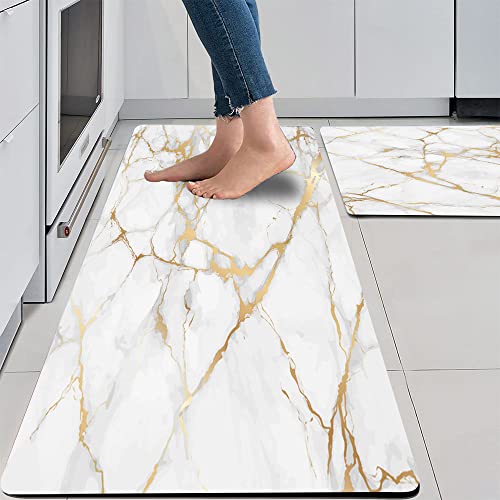 Mrcrypos Gold White Kitchen Rugs Cushioned Anti Fatigue 2 PCS Marble Kitchen Mats PVC Non Slip Waterproof Kitchen Mats for Floor Sink Laundry Office - Image 1