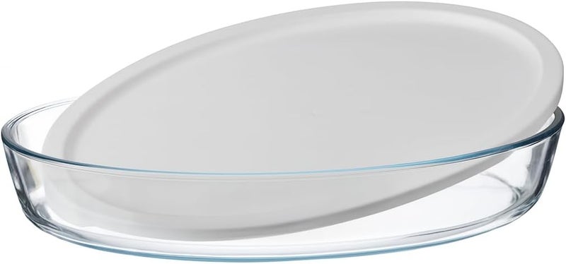 Oval Shape Heat Resistant Glass Oven Trays with White Plastic Lid | Oven, Microwave, Dishwasher Safe | Multipurpose Trays for Cooking and Serving (Transparent, 2.4L) - Image 2