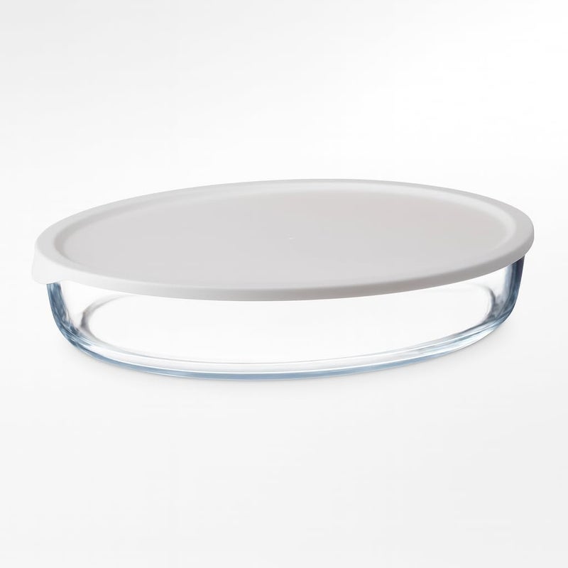 Oval Shape Heat Resistant Glass Oven Trays with White Plastic Lid | Oven, Microwave, Dishwasher Safe | Multipurpose Trays for Cooking and Serving (Transparent, 2.4L) - Image 1