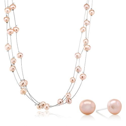 Gem Stone King 3-Row 7-8MM Pink Cultured Freshwater Pearl 18 Inch Necklace and Earrings Jewelry Set For Women - Image 1