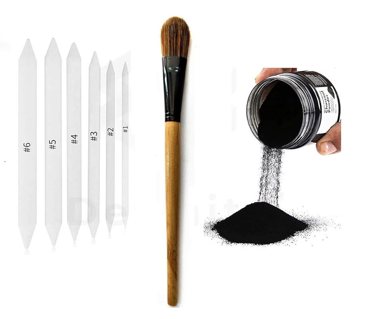 Definite Art Foundation Blending Brush with Charcoal Powder & Blending Paper Stumps (90 Grams Charcoal Powder, 1 Blending Brush & 6 Paper Stumps) for Charcaol Spreading Artist Portrait - Image 1