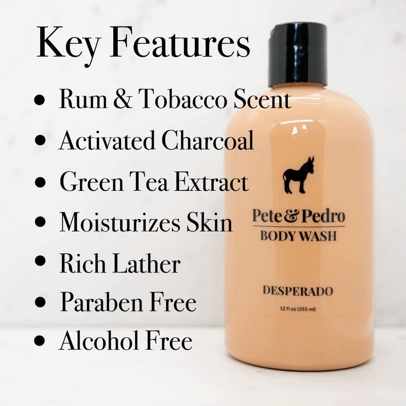 Pete & Pedro DESPERADO BODY WASH For Men - Rum & Tobacco Scented Moisturizing Men's Shower Bodywash | Has Activated Charcoal & Helps With Dry Skin | As Seen on Shark Tank, 12 oz. - Image 2