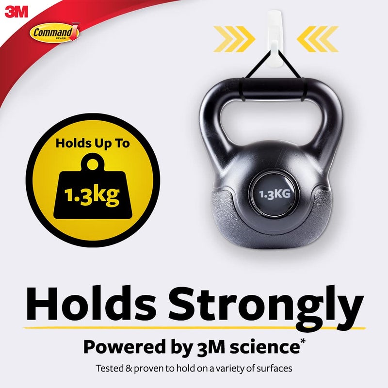Command 3M Medium Utility Wall Hooks, Holds 1.3kg, Damage free, Heavy Duty, Holds Strongly, Reusable, Adhesive hooks for wall, Multi-surface, hooks for hanging (White, 2hooks, 4 strips), Plastic - Image 2