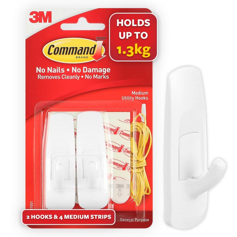 Command 3M Medium Utility Wall Hooks, Holds 1.3kg, Damage free, Heavy Duty, Holds Strongly, Reusable, Adhesive hooks for wall, Multi-surface, hooks for hanging (White, 2hooks, 4 strips), Plastic - Image 1