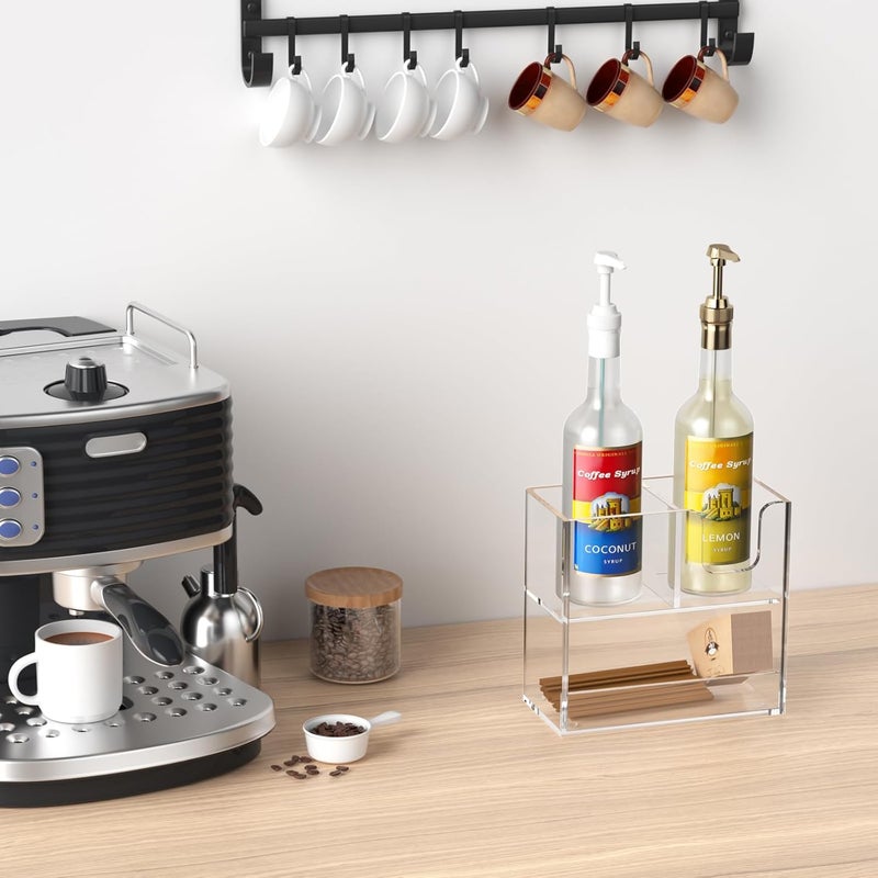 Rulyyo Store Coffee Condiment and Cup Organizer - 2-Tier Upright Cup and Lid Holder with Straw Organizer 3 Compartments Clear Acrylic Cup Dispenser for Restaurant Breakroom Coffee Station Countertop - Image 2