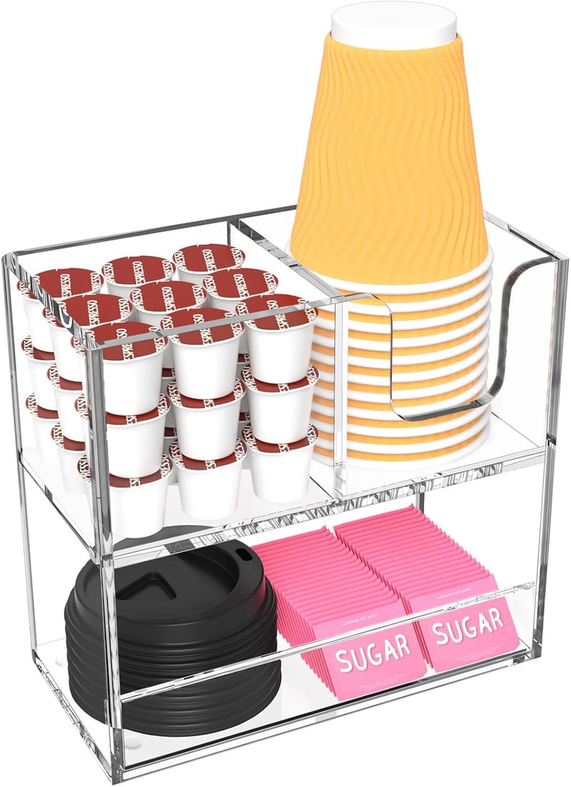 Rulyyo Store Coffee Condiment and Cup Organizer - 2-Tier Upright Cup and Lid Holder with Straw Organizer 3 Compartments Clear Acrylic Cup Dispenser for Restaurant Breakroom Coffee Station Countertop - Image 1