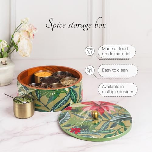 nestroots Wooden Masala Box for Kitchen | 9-Inch Spice Organizer with 7 Stainless Steel Jars | Anjarai Petti | Masala Dani for Spices, Dry Fruits & Cereals | Pink Finish - Image 4