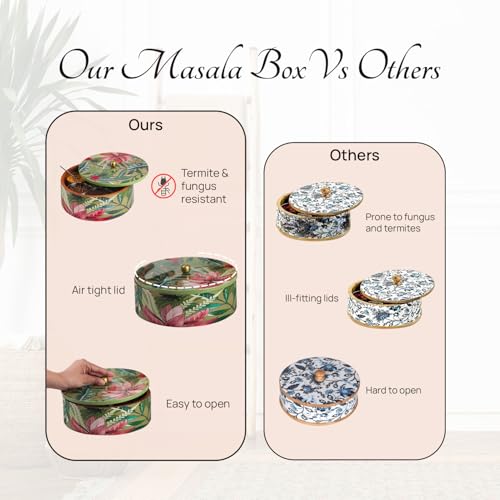 nestroots Wooden Masala Box for Kitchen | 9-Inch Spice Organizer with 7 Stainless Steel Jars | Anjarai Petti | Masala Dani for Spices, Dry Fruits & Cereals | Pink Finish - Image 5