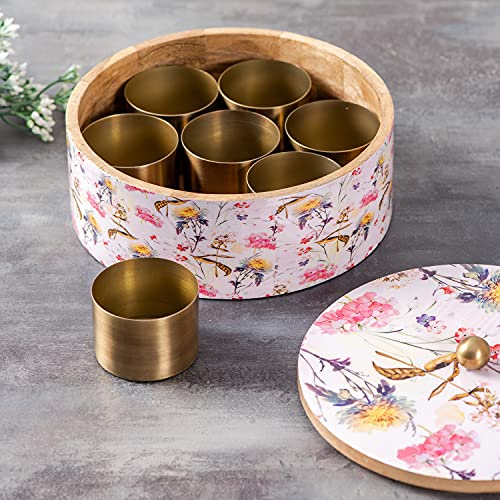 nestroots Wooden Masala Box for Kitchen | 9-Inch Spice Organizer with 7 Stainless Steel Jars | Anjarai Petti | Masala Dani for Spices, Dry Fruits & Cereals | Pink Finish - Image 3