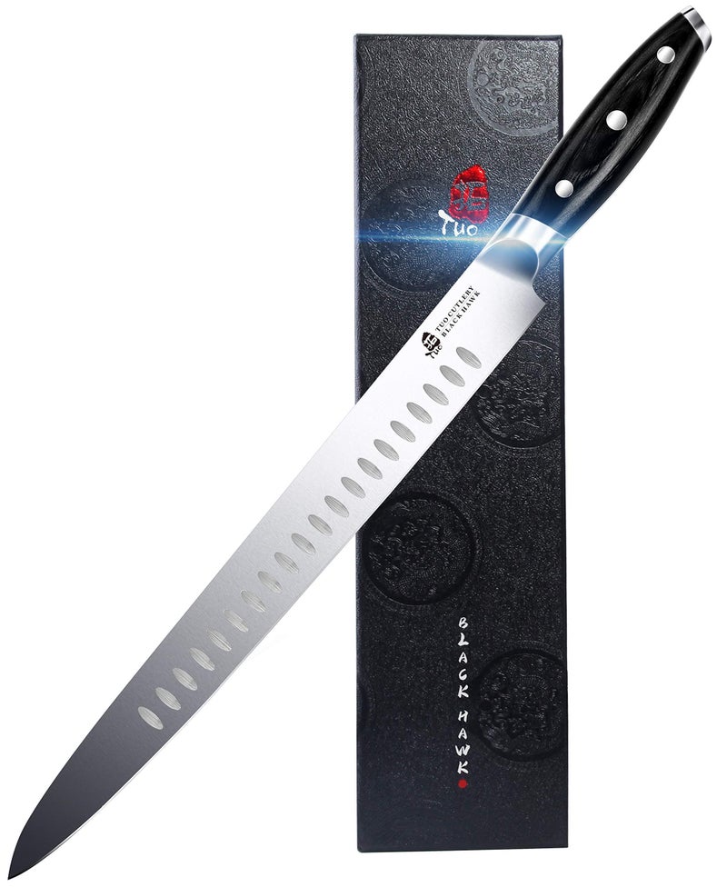 TUO Slicing Knife - 12 inch Slicing Carving Meat Cutting Knife - Bread Knife - German HC Steel - Full Tang Pakkawood Handle - BLACK HAWK SERIES with Gift Box - Image 1