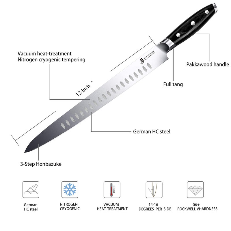 TUO Slicing Knife - 12 inch Slicing Carving Meat Cutting Knife - Bread Knife - German HC Steel - Full Tang Pakkawood Handle - BLACK HAWK SERIES with Gift Box - Image 2