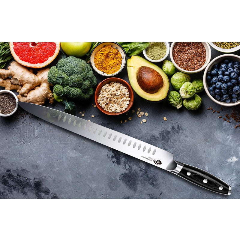 TUO Slicing Knife - 12 inch Slicing Carving Meat Cutting Knife - Bread Knife - German HC Steel - Full Tang Pakkawood Handle - BLACK HAWK SERIES with Gift Box - Image 5