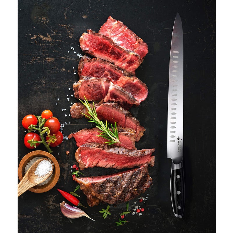 TUO Slicing Knife - 12 inch Slicing Carving Meat Cutting Knife - Bread Knife - German HC Steel - Full Tang Pakkawood Handle - BLACK HAWK SERIES with Gift Box - Image 4