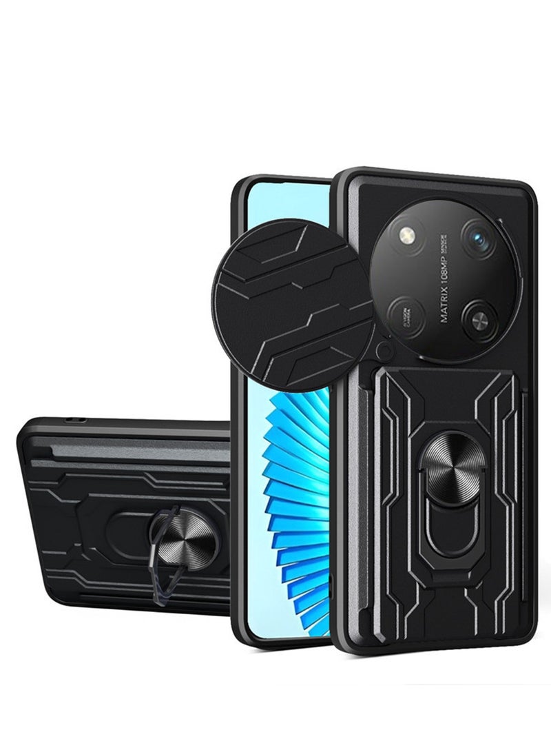 for Honor X9c 5G Case, Card Holder  Slide Camera Lens Cover, Magnetic Ring Holder Kickstand Protective Phone Case for Honor X9c 5G, Black
