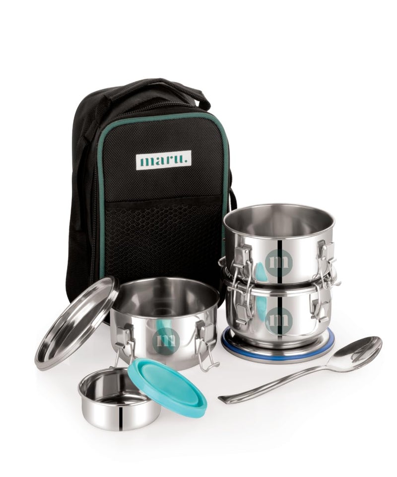 MARU Stainless Steel Lunch Box Durable and Leakproof Clipper Tiffin Box Ideal for School College Office 350ml 3 with Bag